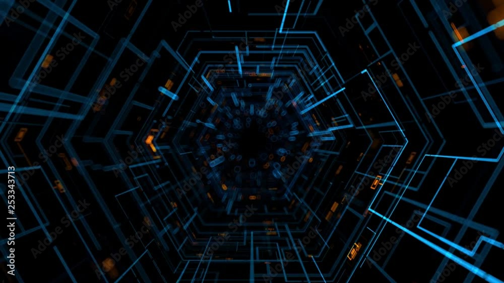 Poster loopable 3d render abstract digital background with thick and thin lines. square particles. depth of