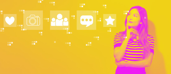 Social media with young businesswoman in a thoughtful face