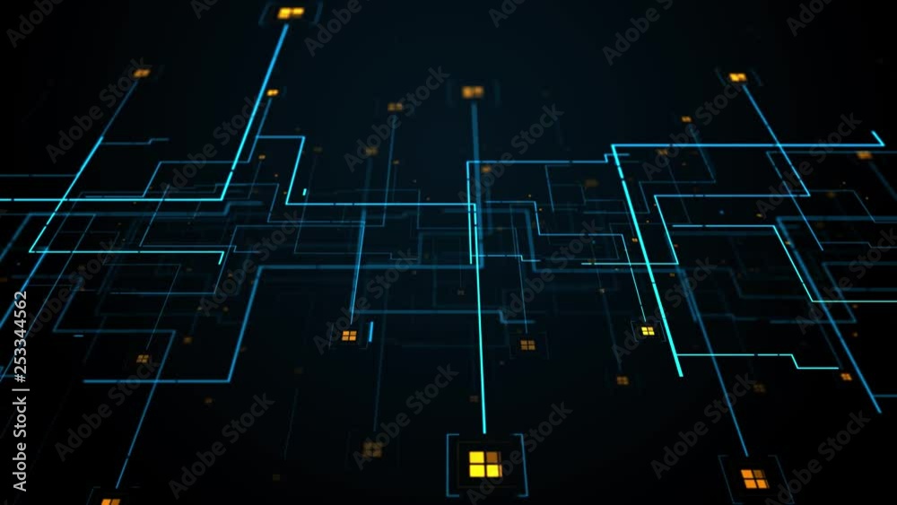 Poster loopable 3d render abstract digital background with thick and thin lines. square particles. depth of