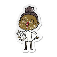 distressed sticker of a cartoon happy old woman