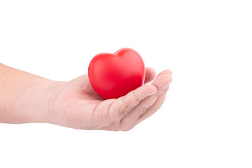 Concept of love for valentine day or Healthcare : Man's hand holding a red heart for give to someone isolated on white background