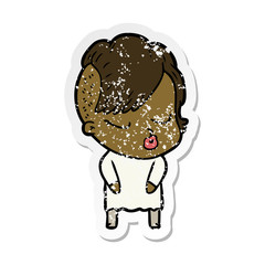 distressed sticker of a cartoon pretty hipster girl
