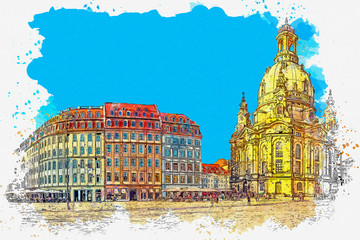 Watercolor sketch or illustration of a beautiful view of the main city square with the famous Church of Our Lady in Dresden in Germany