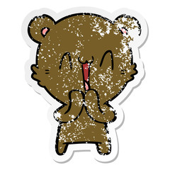 distressed sticker of a happy bear cartoon