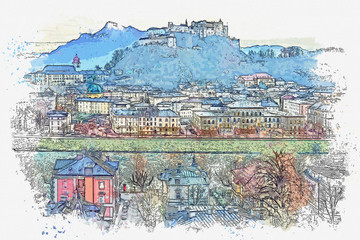 Watercolor sketch or illustration of the beautiful view of the city architecture and the castle in Salzburg in Austria