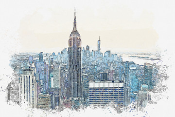 Watercolor sketch or illustration of a beautiful view of the New York City with urban skyscrapers