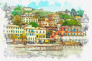 Watercolor sketch or illustration of a beautiful view of Santa Margherita Ligure - a commune in Italy, located in the Liguria region, in the province of Genoa