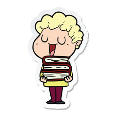 sticker of a laughing cartoon man with books