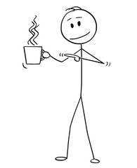 Cartoon stick figure drawing conceptual illustration of man holding cup of hot beverage, coffee or tea and pointing at it.