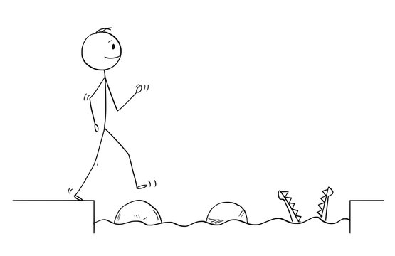 Cartoon Stick Figure Drawing Conceptual Illustration Of Man Or Businessman Stepping On Big Stones To Get Over Water Obstacle On His Way To Success Ignoring Danger.Business Concept.