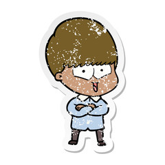 distressed sticker of a cartoon happy boy