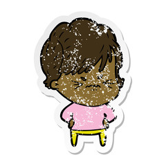 distressed sticker of a cartoon frustrated woman