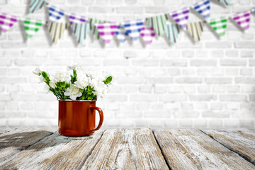 Wooden desk of free space and White wall background 