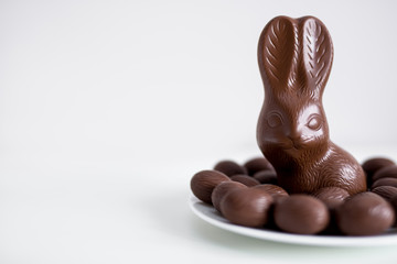 Easter concept - close up of chocolate bunny and eggs with copy space over white
