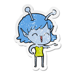 distressed sticker of a cartoon alien girl laughing