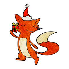 textured cartoon of a happy fox wearing santa hat
