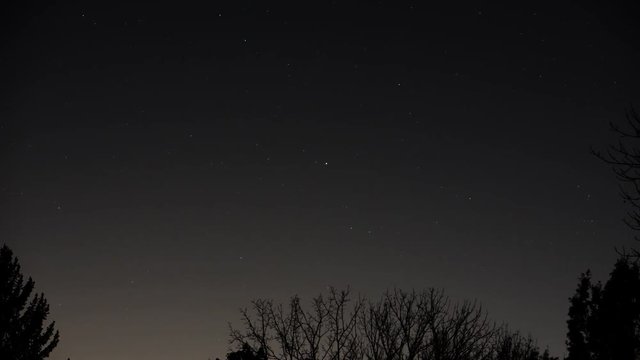 Camera tracks the star Fomalhaut in the constellation Piscis Austrinus as it moves through the sky and behind bare tree branches. Aircraft streak through the sky in this time-lapse/time exposure shot.