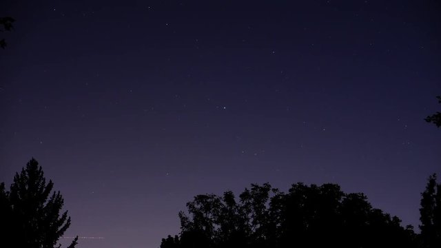 Camera tracks the star Fomalhaut in the constellation Piscis Austrinus as it moves through the sky and behind bare tree branches. Aircraft streak through the sky in this time-lapse/time exposure shot.
