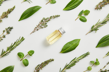 Flat lay with essential oil and fresh herbs on grey background © LIGHTFIELD STUDIOS