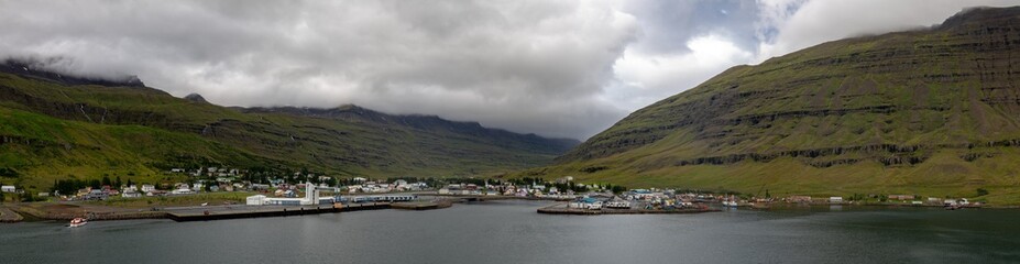 town port Seydisfjordur harbour to Iceland ferry visit in summer east side of the island from above 