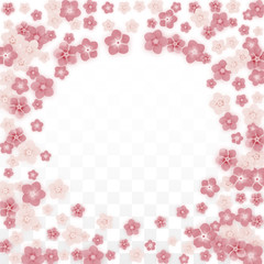 Vector Realistic Pink Flowers Falling on Transparent Background.  Spring Romantic Flowers Illustration. Flying Petals. Sakura Spa Design. Blossom Confetti. Design Elements for Wedding Decoration.