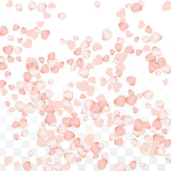 Love Hearts Confetti Falling Background. St. Valentine's Day pattern Romantic Scattered Hearts. Vector Illustration for Cards, Banners, Posters, Flyers for Wedding, Anniversary, Birthday Party, Sales.