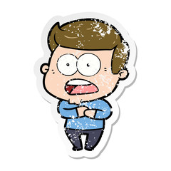 distressed sticker of a cartoon shocked man