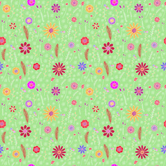 Floral hand drawn surface seamless color pattern. Texture with small abstract doodle flowers, decorative elements. Ornament repeat illustration. Design for wrapping paper, textile, fabric background.
