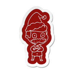 cartoon  sticker of a man with mustache shocked wearing santa hat