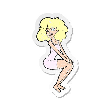 recommend clip art: retro distressed sticker of a cartoon sitting woman in dress