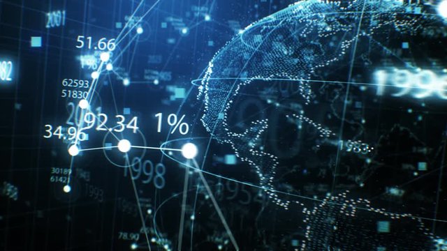 Blue Earth Hologram with Network. Futuristic Business and Technology Concept. Numbers and Dots Seamless Turning in Close-up. Looped 3d Animation with DOF Blur.  4k Ultra HD 3840x2160