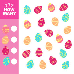 How many is educational game. Maths task for the development of logical thinking of children. Count how many eggs and write down the result.