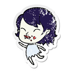distressed sticker of a cartoon vampire girl with blood on cheek