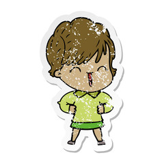 distressed sticker of a cartoon laughing woman