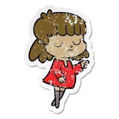 distressed sticker of a cartoon indifferent woman