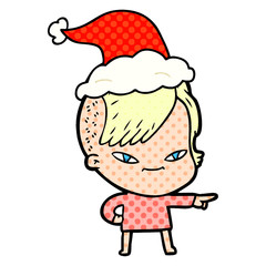 cute comic book style illustration of a girl with hipster haircut wearing santa hat
