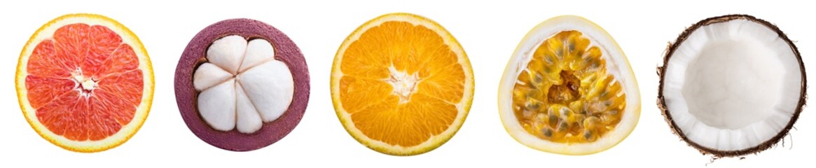 Fruits: Orange, lemon, mangosteen, coconut, graanidilla. Slices isolated on white background. Collection.