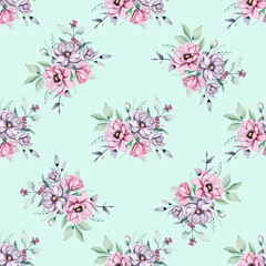 Seamless background, floral pattern with bouquets watercolor flowers pink and violet peonies, leaves. Repeating fabric wallpaper print texture. Perfectly for wrapped paper, backdrop. Hand paint.