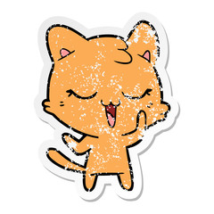 distressed sticker of a happy cartoon cat