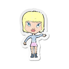retro distressed sticker of a cartoon woman making gesture