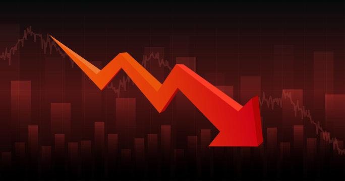 Widescreen abstract financial chart with downtrend line graph arrow in stock market in red color background