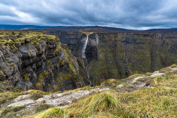 Fototapeta premium Delika canyon and waterfall in the Nervion river source, North of Spain