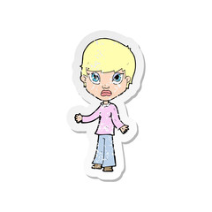 retro distressed sticker of a cartoon woman shrugging shoulders