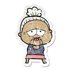 distressed sticker of a cartoon happy old lady