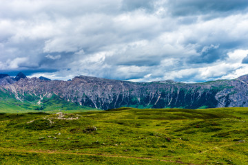 Alpe di Siusi, Seiser Alm with Sassolungo Langkofel Dolomite, a large green field with a mountain in the background