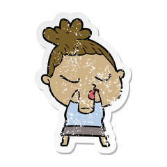 distressed sticker of a cartoon calm woman
