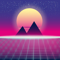 Synthwave Retro Futuristic Landscape With Pyramids Sun And Styled Laser Grid. Neon Retrowave Design And Elements Sci-fi 80s 90s Space. Vector Illustration Template Isolated Background