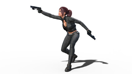Fototapeta na wymiar Action girl shooting guns, redhead woman in leather suit with hand weapons isolated on white background, side view, 3D rendering
