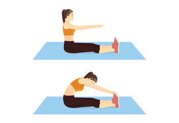 Woman doing Stretch Exercise with Toe Touch while sitting on blue mat in 2 step. Illustration about warm up and cool down and workout.