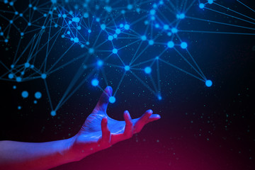 particle star dust with digital data ai global network technology hologram with light and hand of...